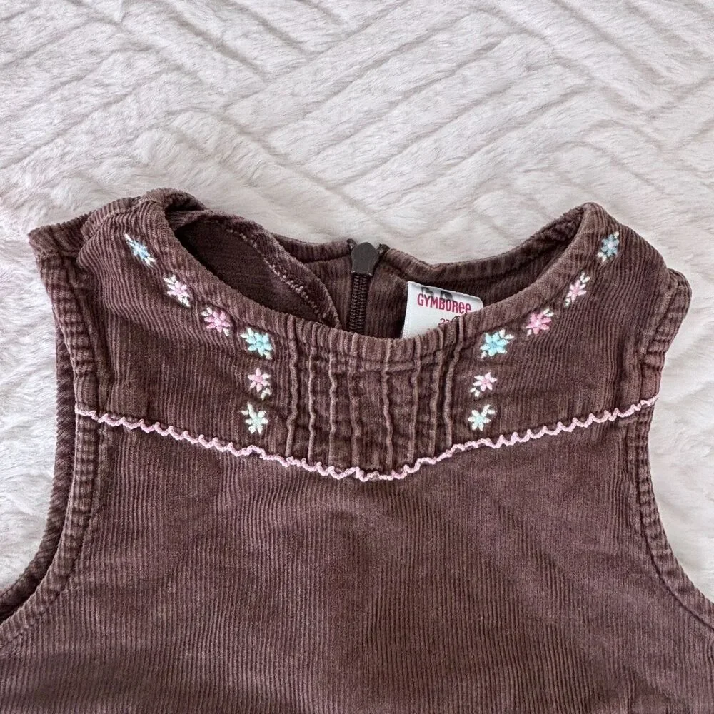 Gymboree Girls Size 2T Brown Corduroy Floral Embroidered Tiered Dress Y2K Bow
